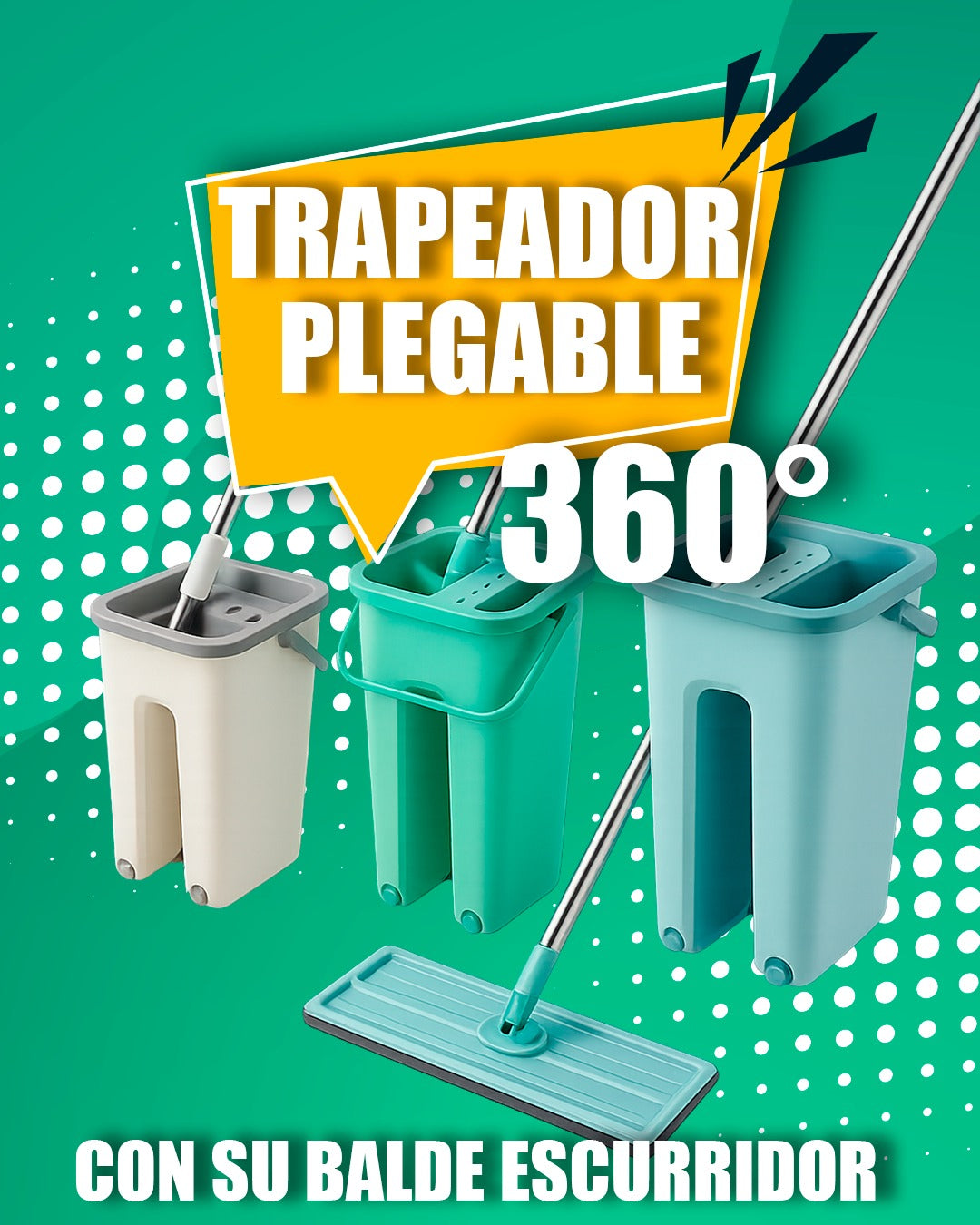 Trapeador 360° + Cubeta Integrada (Compra hoy y recibe spray limpiador multiusos GRATIS)