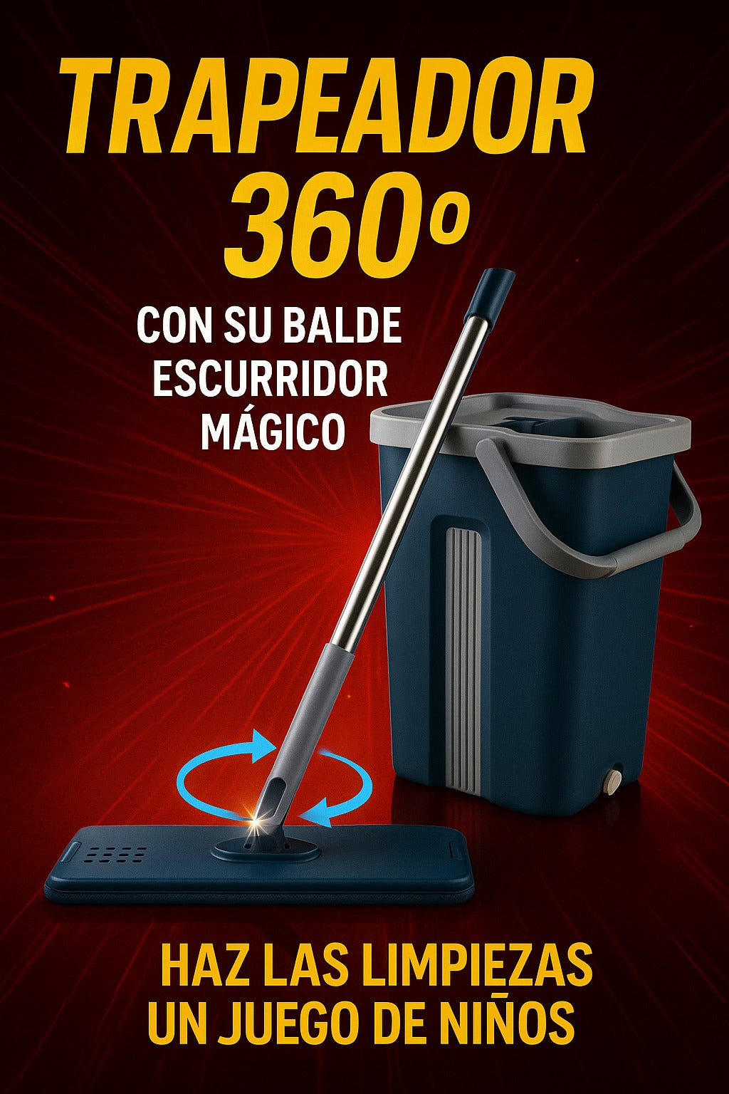 Trapeador 360° + Cubeta Integrada (Compra hoy y recibe spray limpiador multiusos GRATIS)